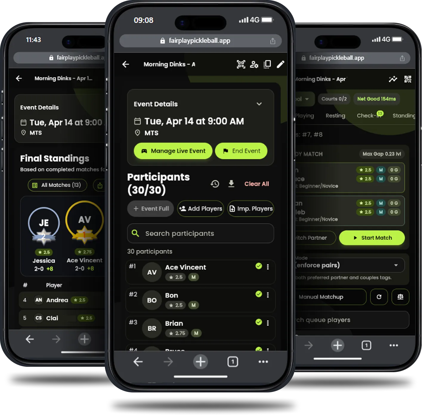 Smartphone display showing a pickleball app interface with event details, participant list, and match management features.