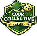 Court Collective Club logo with table tennis paddle and ball on a green and yellow shield background.