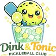 Cute illustration of a smiling yellow lemon character with lime slices in a glass filled with ice cubes and bubbles, accompanied by sparkles and the text 'Dink & Tonic Cocktail Club'.