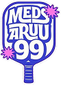 Medsaruu 99 text logo in a stylized blue and white hand mirror shape with pink starburst accents.