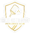 Emblem with a stylized pickleball paddle and ball above the text 'THIRD SHOT DROP PICKLEBALL CLUB' inside a shield.