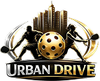 Urban Drive logo with gold pickleball paddle players surrounding a gold pickleball and city skyline above.